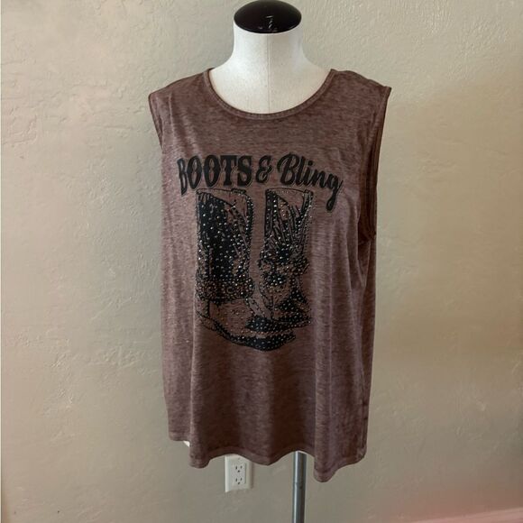 Sleeveless Top with Boots & Bling Graphic Sz M/L - Picture 1 of 4